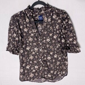 GAP Brown Cotton Floral Puff Sleeve Button Up Blouse SP